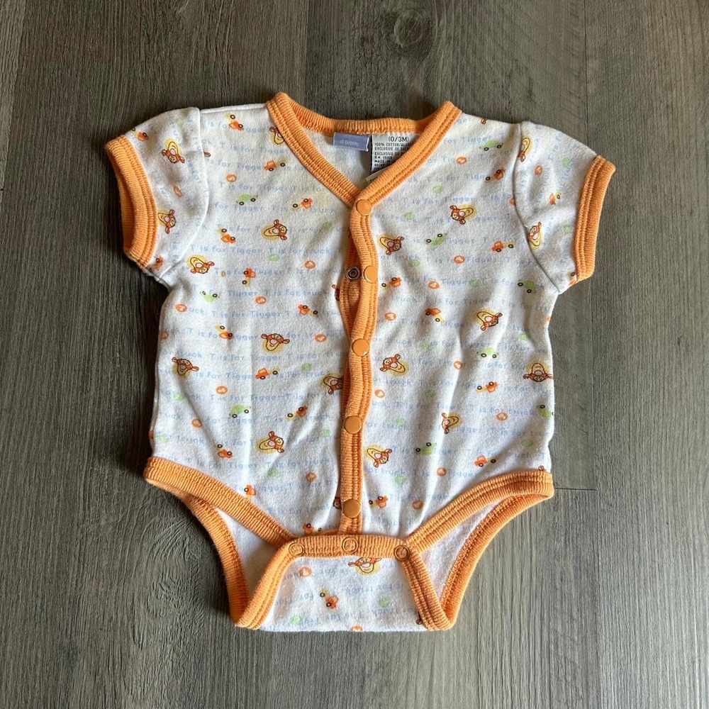 Vintage Disney Baby Winnie The Pooh Tigger and Trucks Orange 0-3 Months Onsie